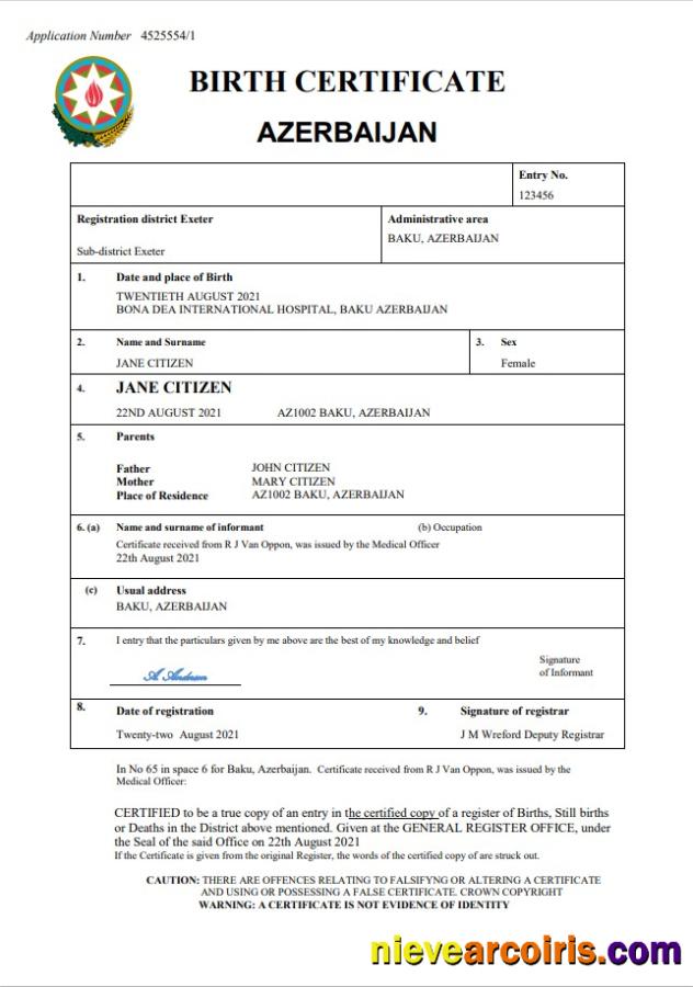 Azerbaijan vital record birth certificate